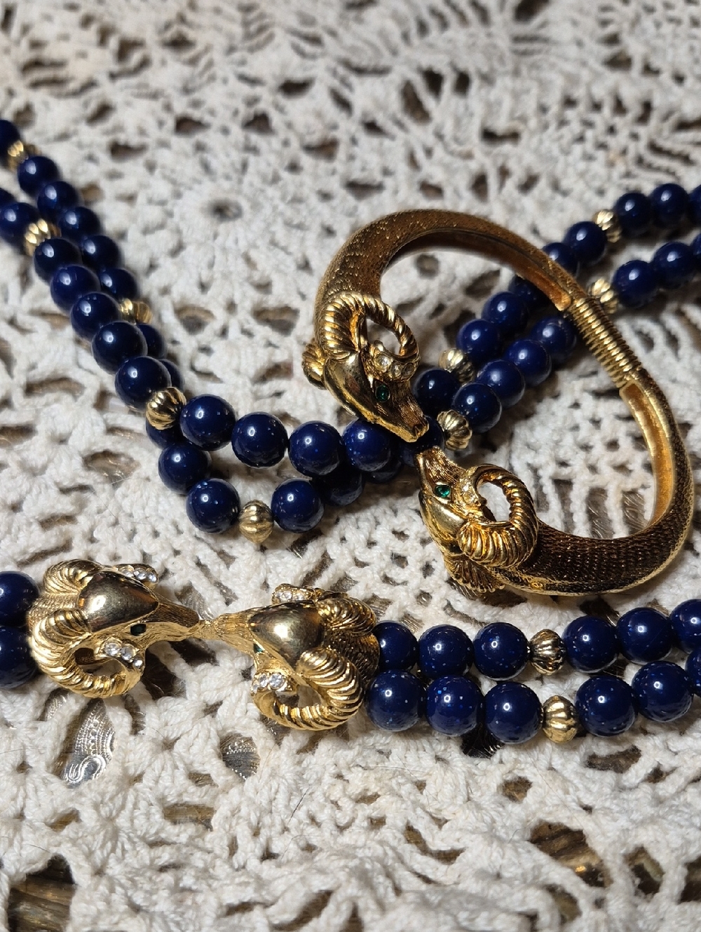 Kenneth Jay Lane For Avon Navy Blue Bead Necklace and Ram Head Bracelet Set